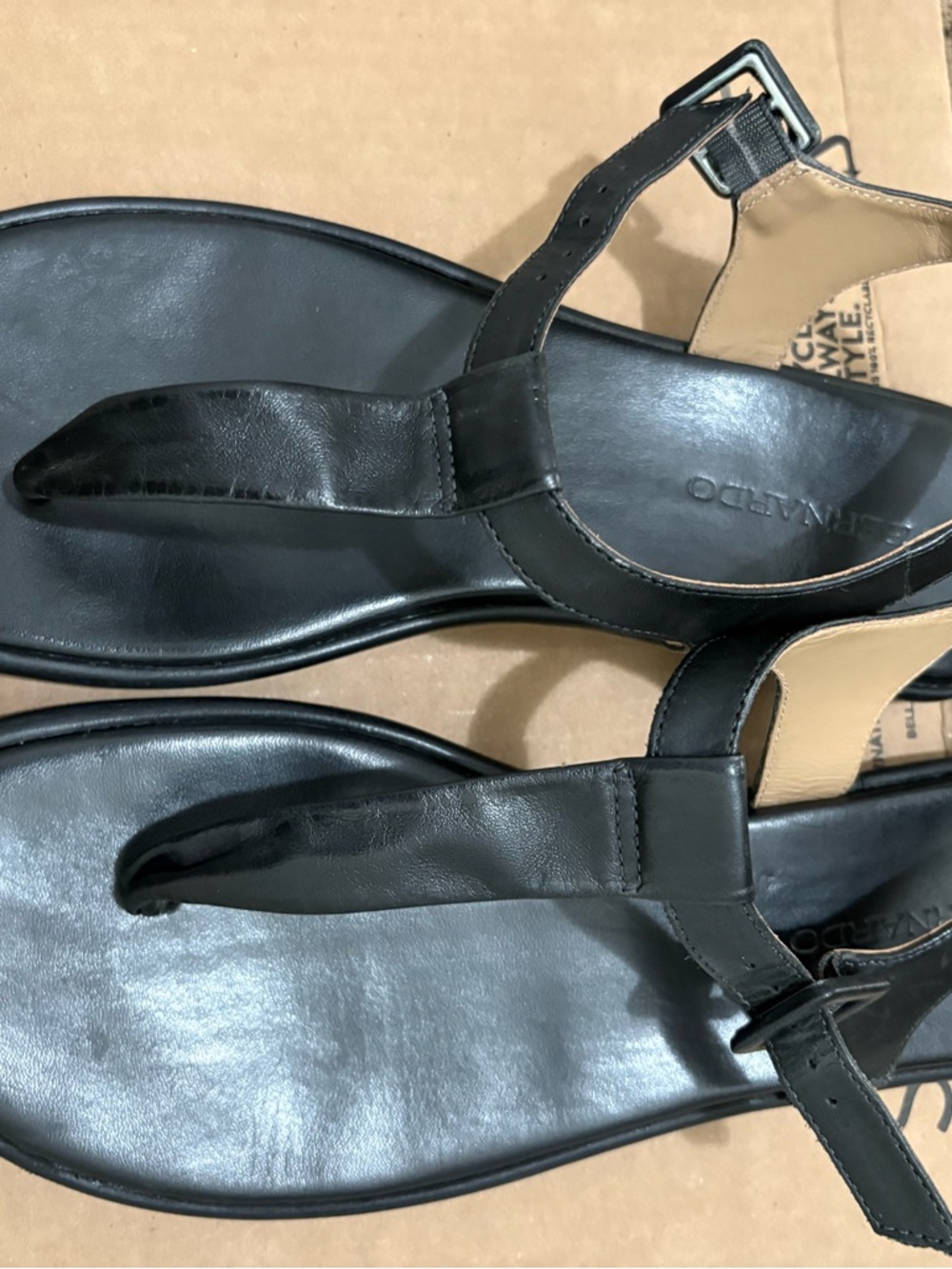 Bernardo Black Leather T-Strip Sandals with Ankle Buckle